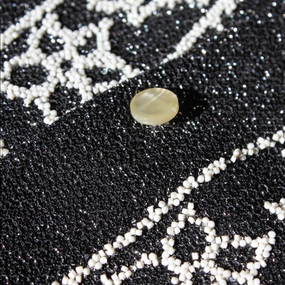 VTG 70s Black/Cream Glittery Metallic Floral Beaded Button-Up Disco Shirt - Picture 9 of 14